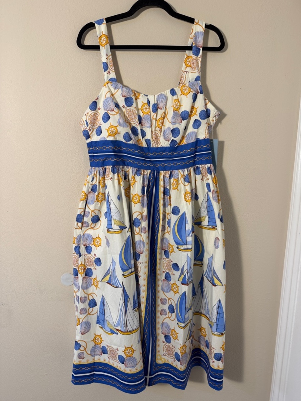 London Times Sailboat & Nautical Pattern Smocked Back Midi Dress Size L